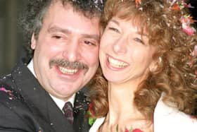 Michael Angelis on his wedding day to his then wife actress Helen Worth. The long-term narrator of Thomas the Tank Engine series Thomas & Friends, died at home on Saturday aged 76, his agent said.