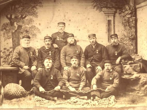 The Blackpool Lifeboat Crew of 1880 with bearded Richard Parr (far left middle row). They were the  crew of the first blackpool lifeboat, Robert William