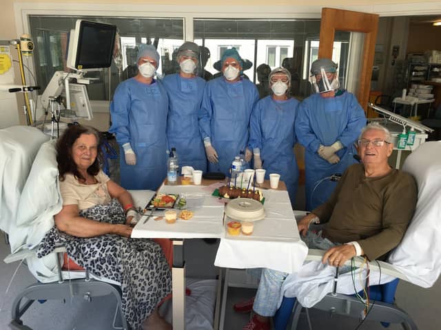 Sandra and Allan Teasdale, both 70, from Cleveleys, were treated to a special dinner inside the Intensive Care Unit (ICU) at Blackpool Victoria Hospital on Allan's birthday, Sunday, May 17, 2020, while the pair were being treated for the coronavirus Covid-19 (Picture: Blackpool Teaching Hospitals NHS Foundation Trust)