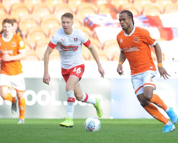 Nathan Delfouneso on the ball when Rotherham visited Blackpool in October