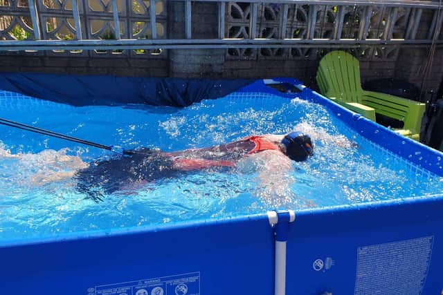 Vicki Gale spent two weeks tethered to her back garden pool and swam the 21 miles of the channel to raise money for Trinity Hospice. Photo: Vicki Gale
