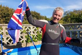 Vicki Gale spent two weeks tethered to her back garden pool and swam the 21 miles of the channel to raise money for Trinity Hospice. Photo: Vicki Gale