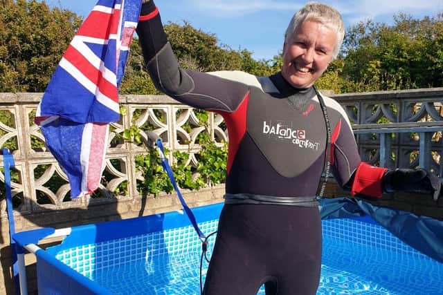 Vicki Gale spent two weeks tethered to her back garden pool and swam the 21 miles of the channel to raise money for Trinity Hospice. Photo: Vicki Gale
