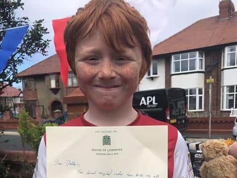 Dalton was thrilled to receive a letter from Blackpool North and Cleveleys MP Paul Maynard in recognition of his fundraising efforts. Photo: Samantha Gearing