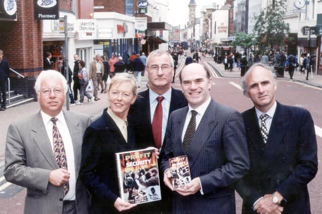 At the launch of a crime prevention video.  L-R: Alfred Meakin of Avenham Media, Pauline Clare, Alan Tallentire, Chairman of the Association of Town Centre Management, Ronnie Flanagan, and Mike Shuck of the British Retail Consortium