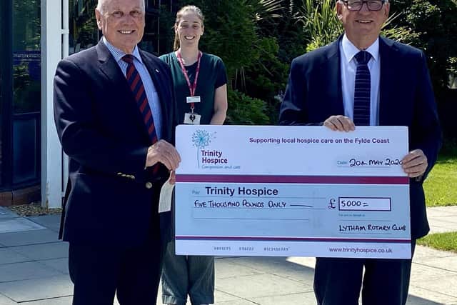 John Ardern (left) and Peter Haworth, joint chairmen of Community Service Committee at Lytham Rotary Club hand over a cheque for 5,000 to Linzi Warburton, head of fundraising at Trinity Hospice and Brian House.