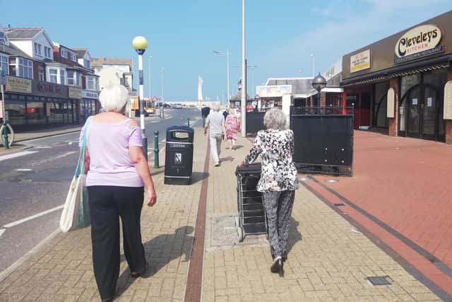 Shoppers visiting Cleveleys high street maintained an acceptable 2m distance, but very few face coverings were used.