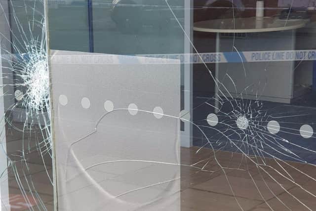 Extensive damage has been caused to the Halifax bank in Poulton Street after a man attacked the windows with a shopping trolley and a metal pole yesterday evening (June 15)