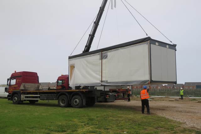 The modular building arrives at Squires Gate. Picture courtesy of Blackpool FC