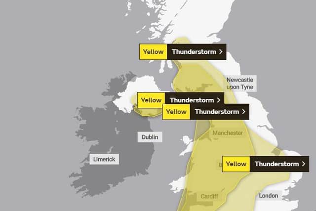 The Met Office has issued a yellow weather warning for thunderstorms across much of the UK tomorrow (Wednesday, June 17)