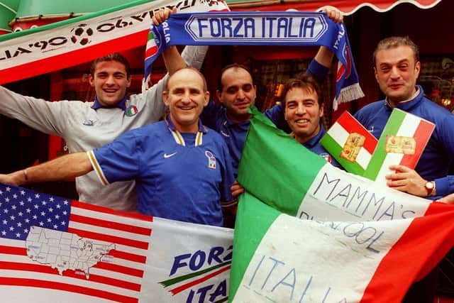 Giuliano Giacomini, second left, with staff at Mamma's ready for and Italy versus England World Cup qualifier football match in February 1997
