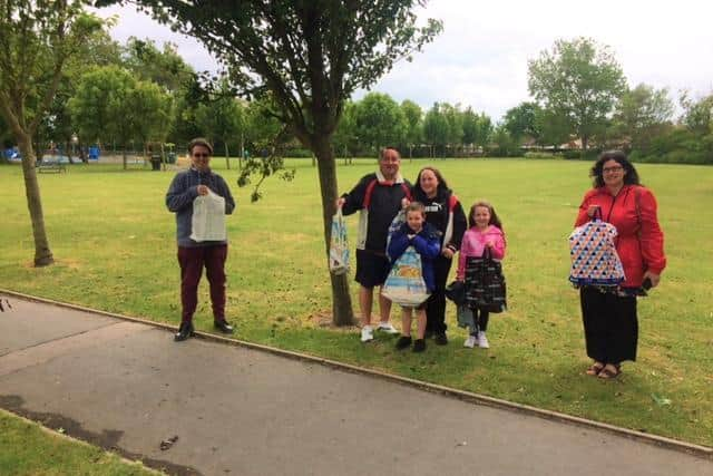 The key worker "thank you bags" were created by the Friends of East Pines Park and delivered by Paul Clarke and his children.