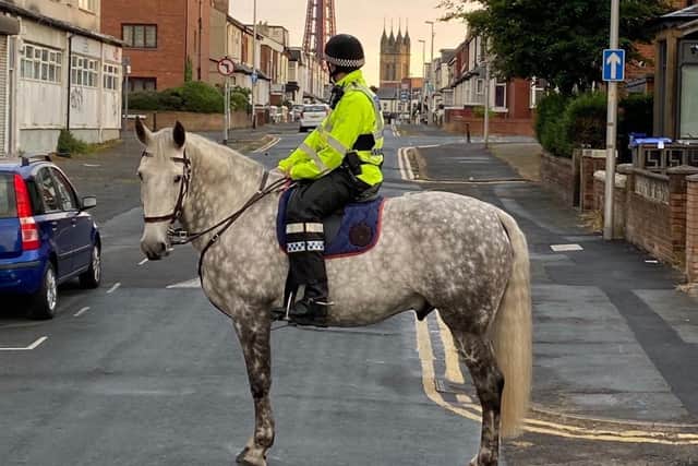 An mounted officer on patrol in Milbourne Street in Blackpool