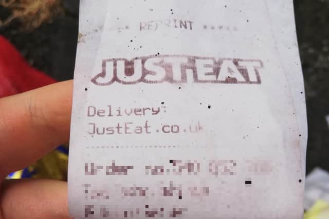 The receipts found in Beach Road, pixelated to protect personal data, displayed full names and addresses of customers ordering from takeaways during February.