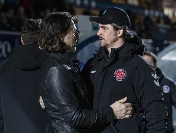 Joey Barton greets Wycombe boss Gareth Ainsworth when Fleetwood won at Adams Park in February