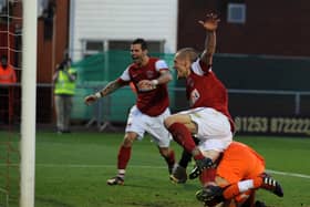 Jamie Vardy scores the first of his two goals as Fleetwood came back to draw with Lincoln City