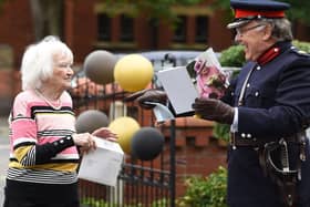 Veronica Worthington celebrates her 100th birthday with family, friends and residents at Headroomgate Care Home.  She is pictured with David Cam, Deputy Lord Lieutenant of Lancashire.