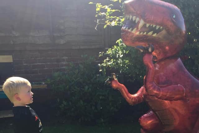 Dinosaur-mad Ronnie was heartbroken when his new buddy blew away on his 2nd birthday on Saturday (June 20). Pic: Georgia Fishwick