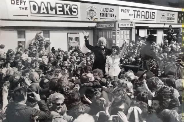 The arrival of Dr Who Jon Pertwee and Elizabeth Sladen who played Sarah Jane Smith at the Dr Exhibition in Blackpool, 1975
