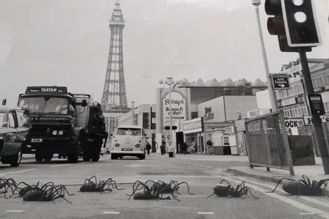 Ten giant spiders stop traffic on their way to Blackpool's Dr Who Exhibition. They were appearing as Dr Who's latest enemies in the BBC TV series, 1974