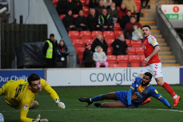 Lewie Coyle scores his first Fleetwood goal in the draw against Shrewsbury Town