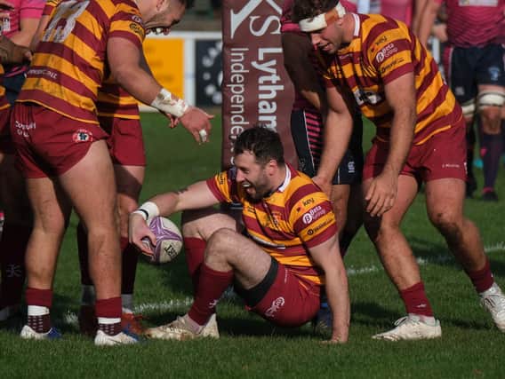 Fylde's top pointscorer Greg Smith scores a try against Stourbridge on his way to last season's total of 234 points