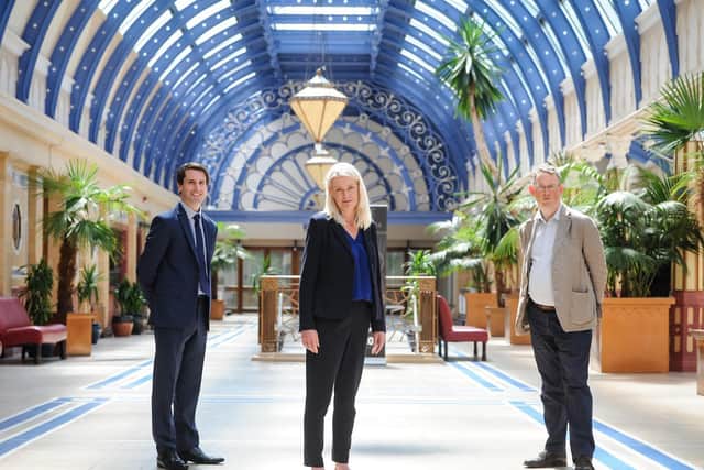 Conservative party co-chairman Amanda Milling with Blackpool South MP Scott Benton (left) and Blackpool North and Cleveleys MP Paul Maynard (right), inside the Winter Gardens