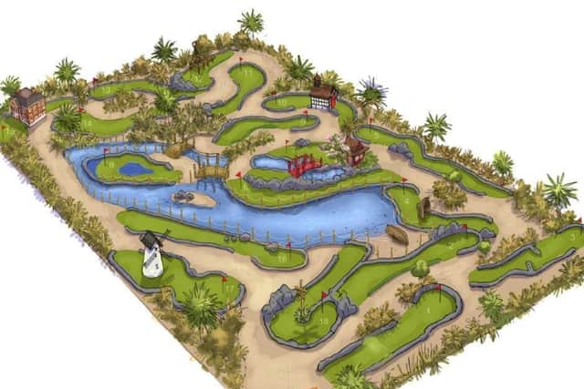 An artist's impression of the adventure golf site set to come be available at Fairhaven Lake later this summer