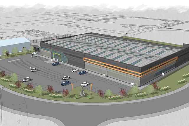 An artist's impression of how the new X-Ray parts maker building would look on the eastern end of the Blackpool Airport Enterprise Zone
