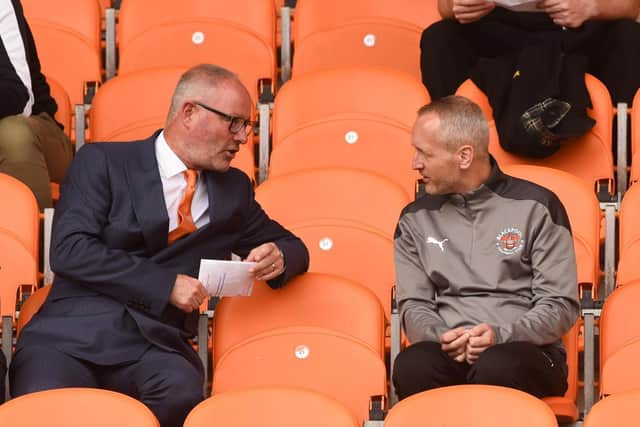 Neil Critchley (right) back at Bloomfield Road this week for the kit/sponsorship launch