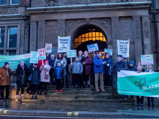 A previous protest outside the town hall against the golf course development