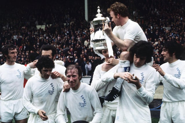 The players celebrate winning the 1972 FA Cup final at Wembley.