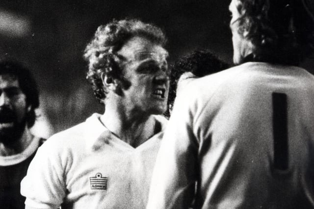 Billy Bremner squares up to Bayern Munich goalkeeper Sepp Maier during the 1975 European Cup final in Paris.