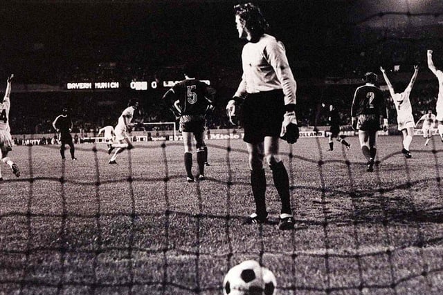 Leeds celebrate after Peter Lorimer scored during the 1975 European Cup Final in Paris. The joy was shortlived after the goal was disallowed due to Billy Bremner being in a tight passive offside position.