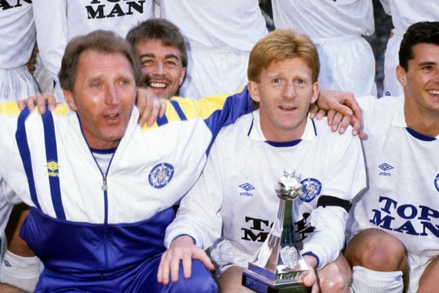 Leeds United celebrate winning the Second Division title in 1989/90.
