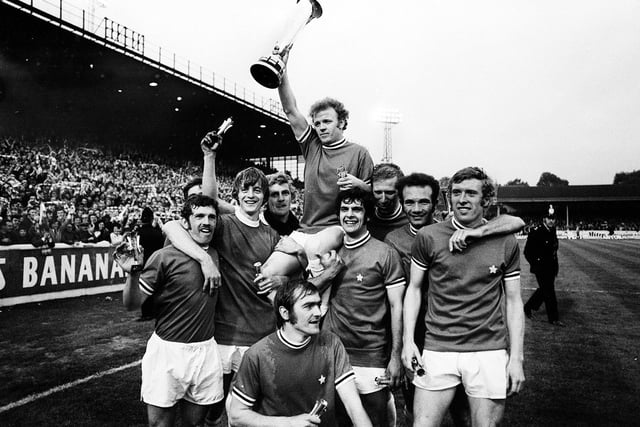 Leeds United celebrate winning the 1971 Inter-Cities Fairs Cup. The Whites beat Juventus on away goals over two legs in the final.