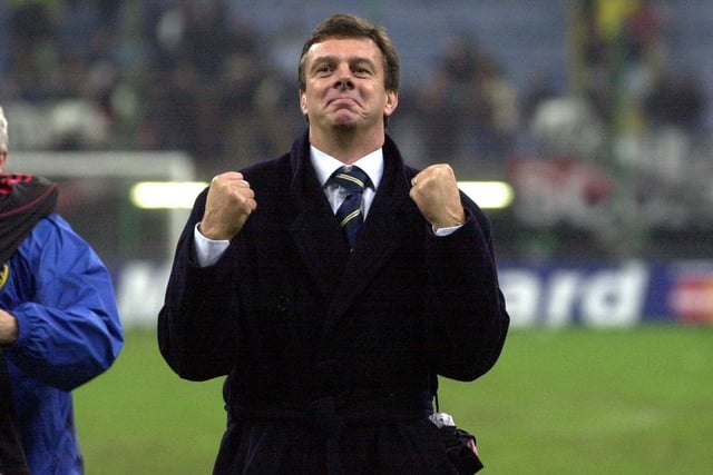 David O'Leary celebrates with the travelling support in the San Siro in November 2000.