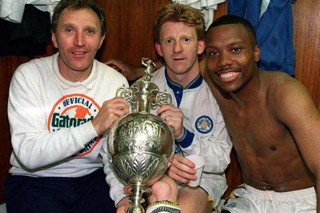 Howard Wilkinson with Gordon Strachan and Rod Wallace in the Elland Road dressing room after they were presented with the trophy for being First Division champions in May 1992.