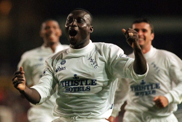Tony Yeboah celebrates after scoring against Liverpool at Elland Road in August 1995.