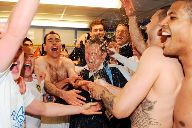 Scene inside the Elland Road dressing room after Leeds United won promotion back to the Championship in 2010.