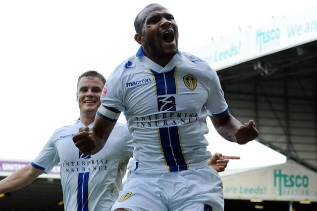 Rudy Austin celebrates scoring for Leeds United as part of a 4-0 rout of Birmingham City in October 2013.