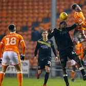 Anthony Grant aerial action for Shrewsbury Town against Blackpool in January last year