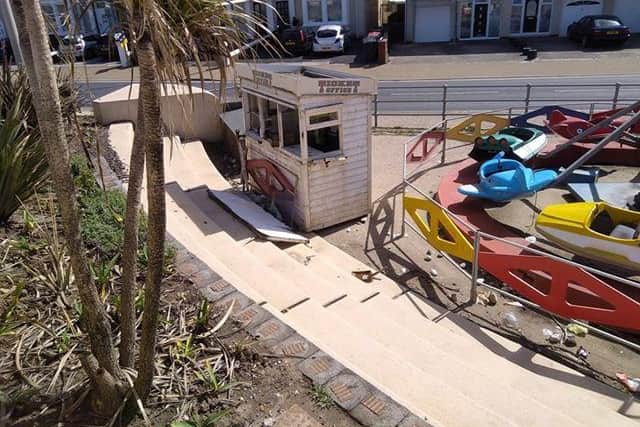 There was damage to the ticket office and litter lying around the site where Cleveleys' Kiddies Corner is situated.