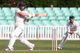Steven Croft strikes a boundary on his way to 63 on the opening day of Lancashire's season against Leicestershire