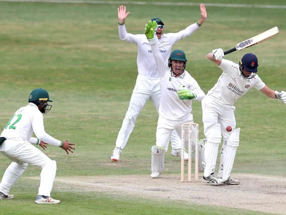 George Balderson is dismissed lbw as Lancashire's loss of 20 wickets against Leicestershire angered coach Mark Chilton