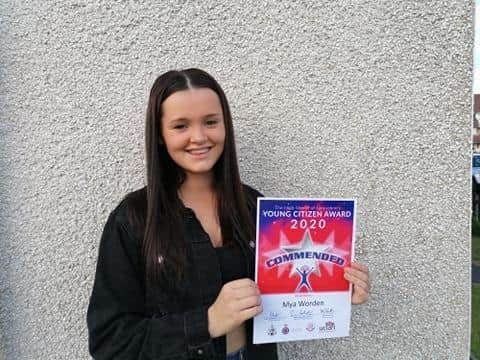 Mya Worden, 14, received a highly commended certificate after being nominated for the High Sheriff of Lancashire's Young Citizen award 2020 for her work with Blackpool charity Streetlife.