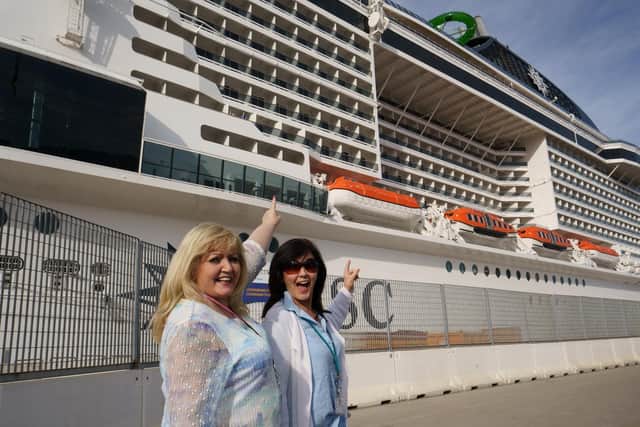 Linda Nolan and sister Maureen in front of luxury cruise liner The Grandiosa. Pictures: Quest Red
