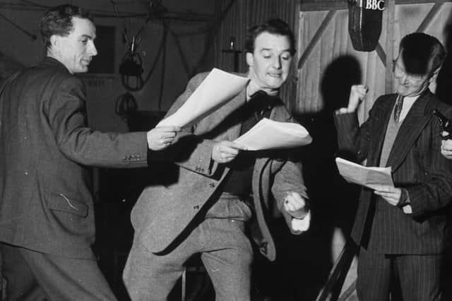 Noel Johnson, Alex McCrindle and John Mann immerse themselves in their roles as Dick Barton, Josk and Snowy, during a recording of the BBC radio adventure series 'Dick Barton, Special Agent', 1947. PHOTO: Getty Images
