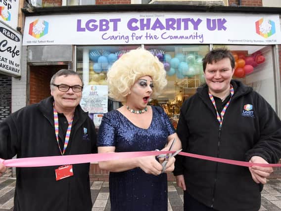 Opening of the first LGBT Charity UK shop on Talbot Road, Blackpool, earlier this year.  L-R are John Conway, The Duchess and Luke Conway.