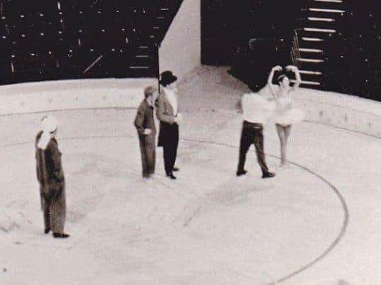 A rare photo of Cairoli and Co rehearsing to an empty auditorium. Pictured are:  Charlie Jnr, Paul Conner, ringmaster Norman Barrett, Charlie Cairoli and Yvonne Fielding